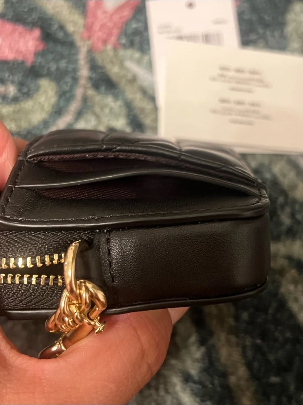 Coach Black Quilted Leather Card Holder with Gold Chain